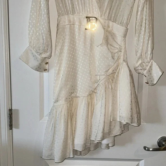 Balmain Rare Logo Plaque Belt Tonal Polka Dot Ruffle Hem Dress In White
